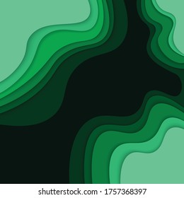 Cortado de papel. Arte abstracto. Formas curvadas con sombra de color oscuro a verde claro. Ilustraciones.