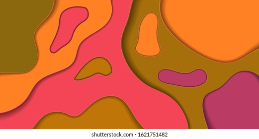Paper Cut Abstract Background, Bright Colors Red Orange Brown Purple Layers for Presentation Banner or Business Card Design. Trendy Flow Layout Shapes, Creative Flow Decor. 3d Vector Illustration