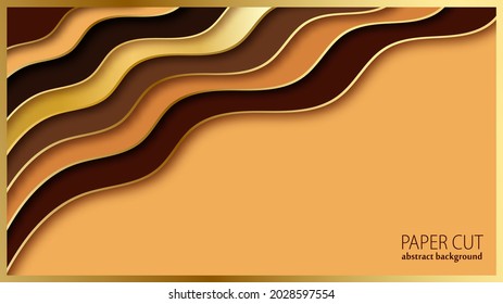 Paper cut abstract background. Brown and golden wavy layers. Vector illustration.