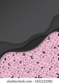 Paper cut abstract background. Delicate pink flowers forget-me-not. Floral design in black color. Poster, banner, brochure. Vector illustration