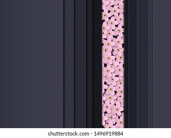 Paper cut abstract background. Delicate pink flowers forget-me-not. Rectilinear forms. Floral design in black color. Poster, banner, brochure. Vector illustration
