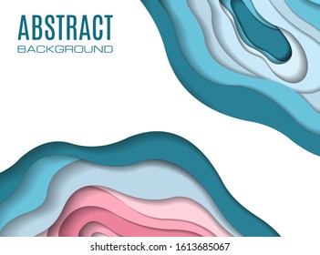 Paper cut abstract background for flyers, presentations and posters. White and blue 3D layered horizontal banner. Vector illustration.
