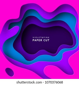 Paper cut abstract background with paper cut shapes. Template design layout for business presentations, flyers, posters, invitations. Paper art in violet and blue colors. Colorful carving art. Vector