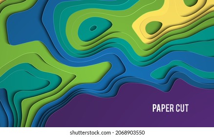 Fondo geométrico abstracto de papel cortado. Fondo de color gráfico en estilo de corte de papel. Púrpura, azul, verde, amarillo.