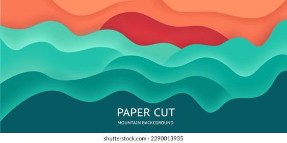 Papier geschnitten abstrakte Berglandschaft. Grüner Hintergrund mit Sonnenuntergang, Papierplakat

