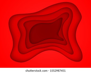 Paper cut abstract red background with geometric shapes and place for text. Vector illustration