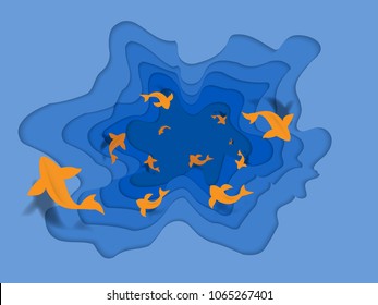paper cut abstract wave with orange fish in blue color,paper art concept