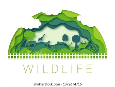 Paper Cut Abstract. Wildlife Zoo Environment, 3d Paper Art Vector Origami Design