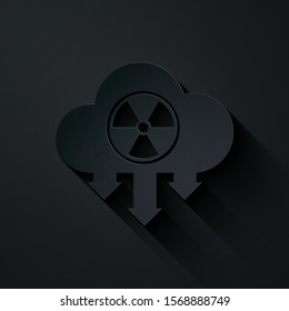 Paper cut Acid rain and radioactive cloud icon isolated on black background. Effects of toxic air pollution on the environment. Paper art style. Vector Illustration