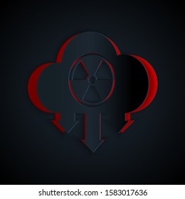 Paper cut Acid rain and radioactive cloud icon isolated on black background. Effects of toxic air pollution on the environment. Paper art style. Vector Illustration