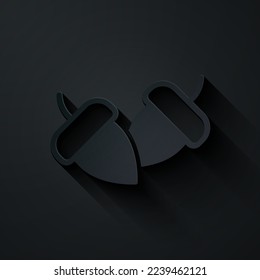 Paper cut Acorn icon isolated on black background. Paper art style. Vector