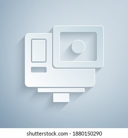 Paper cut Action extreme camera icon isolated on grey background. Video camera equipment for filming extreme sports. Paper art style. Vector.