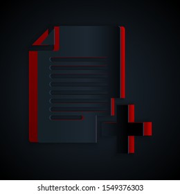 Paper cut Add new file icon isolated on black background. Copy document icon. Paper art style. Vector Illustration