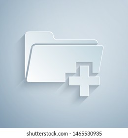 Paper cut Add new folder icon isolated on grey background. New folder file sign. Copy document icon. Add attach create folder make new plus icon. Paper art style. Vector Illustration