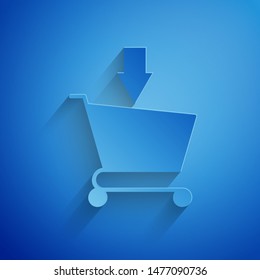 Paper cut Add to Shopping cart icon isolated on blue background. Online buying concept. Delivery service sign. Supermarket basket symbol. Paper art style. Vector Illustration