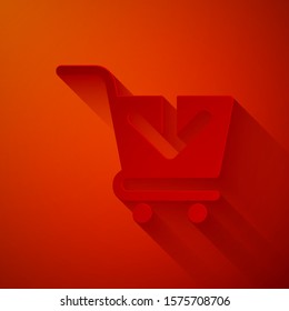 Paper cut Add to Shopping cart icon isolated on red background. Online buying concept. Delivery service sign. Supermarket basket symbol. Paper art style. Vector Illustration