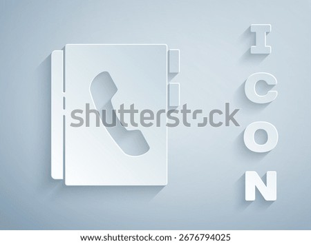 Paper cut Address book icon isolated on grey background. Notebook, address, contact, directory, phone, telephone book icon. Paper art style. Vector Illustration