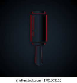 Paper cut Adhesive roller for cleaning clothes icon isolated on black background. Getting rid of debris, dust, hair, fluff, pet wool. Paper art style. Vector Illustration