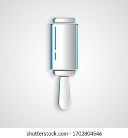 Paper cut Adhesive roller for cleaning clothes icon isolated on grey background. Getting rid of debris, dust, hair, fluff, pet wool. Paper art style. Vector Illustration