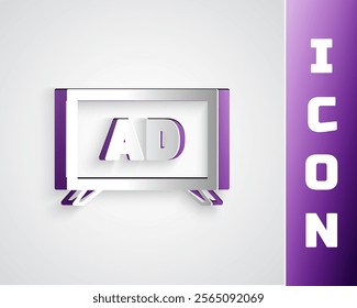 Paper cut Advertising icon isolated on grey background. Concept of marketing and promotion process. Responsive ads. Social media advertising. Paper art style. Vector