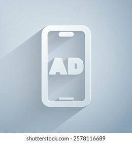 Paper cut Advertising icon isolated on grey background. Concept of marketing and promotion process. Responsive ads. Social media advertising. Paper art style. Vector