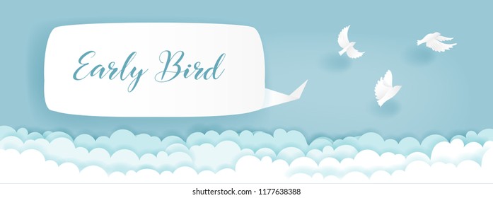 Paper Cut Of Advertising Template, Early Bird Concept With Birds Flying Above The Clouds. Vector Illustration.