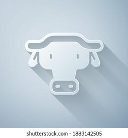 Paper cut African buffalo head icon isolated on grey background. Mascot, african savanna animal. Wild ox, carabao or bison bull with fused horns. Paper art style. Vector