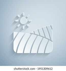 Paper cut Agriculture wheat field farm rural nature scene landscape icon isolated on grey background. Paper art style. Vector
