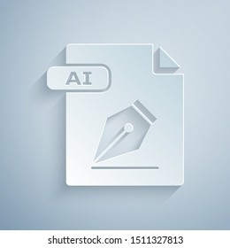 Paper cut AI file document. Download ai button icon isolated on grey background. AI file symbol. Paper art style. Vector Illustration