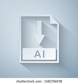 Paper cut AI file document icon. Download AI button icon isolated on grey background. Paper art style. Vector Illustration