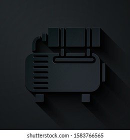 Paper cut Air compressor icon isolated on black background. Paper art style. Vector Illustration
