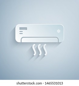 Paper cut Air conditioner with fresh air icon isolated on grey background. Split system air conditioning. Cool and cold climate control system. Paper art style. Vector Illustration