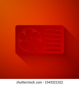 Paper cut Air conditioner with fresh air icon isolated on red background. Split system air conditioning. Cool and cold climate control system. Paper art style. Vector Illustration