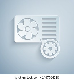 Paper cut Air conditioner and gear icon isolated on grey background. Adjusting app, service concept, setting options, maintenance, repair, fixing. Paper art style. Vector Illustration
