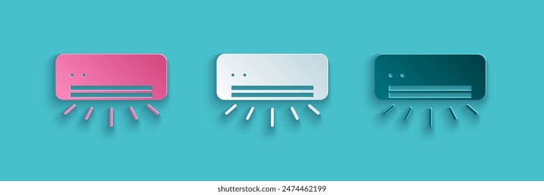 Paper cut Air conditioner icon isolated on blue background. Split system air conditioning. Cool and cold climate control system. Paper art style. Vector