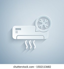 Paper cut Air conditioner with screwdriver and wrench icon isolated on grey background. Adjusting, service, setting, maintenance, repair, fixing. Paper art style. Vector Illustration