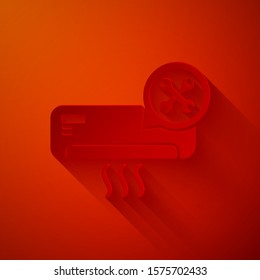 Paper cut Air conditioner with screwdriver and wrench icon isolated on red background. Adjusting, service, setting, maintenance, repair, fixing. Paper art style. Vector Illustration