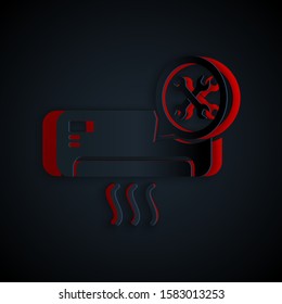 Paper cut Air conditioner with screwdriver and wrench icon isolated on black background. Adjusting, service, setting, maintenance, repair, fixing. Paper art style. Vector Illustration