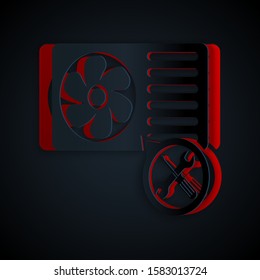 Paper cut Air conditioner with screwdriver and wrench icon isolated on black background. Adjusting, service, setting, maintenance, repair, fixing. Paper art style. Vector Illustration