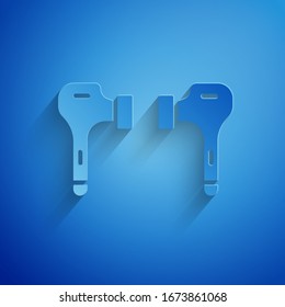 Paper cut Air headphones icon icon isolated on blue background. Holder wireless in case earphones garniture electronic gadget. Paper art style. Vector Illustration