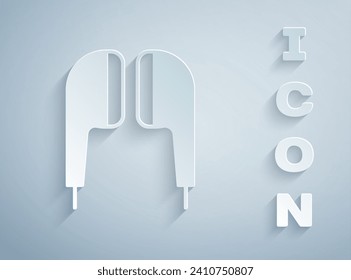 Paper cut Air headphones icon icon isolated on grey background. Holder wireless in case earphones garniture electronic gadget. Paper art style. Vector