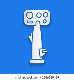 Paper cut Aircraft steering helm icon isolated on blue background. Aircraft control wheel. Paper art style. Vector Illustration