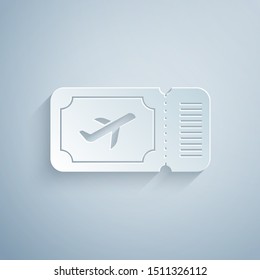 Paper cut Airline ticket icon isolated on grey background. Plane ticket. Paper art style. Vector Illustration