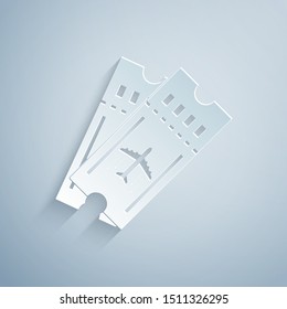 Paper cut Airline ticket icon isolated on grey background. Plane ticket. Paper art style. Vector Illustration