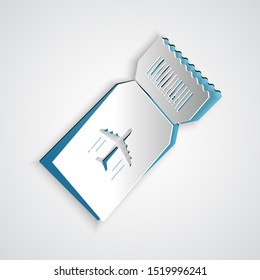 Paper cut Airline ticket icon isolated on grey background. Plane ticket. Paper art style. Vector Illustration