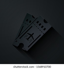 Paper cut Airline ticket icon isolated on black background. Plane ticket. Paper art style. Vector Illustration