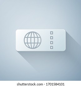 Paper cut Airline ticket icon isolated on grey background. Plane ticket. Paper art style. Vector Illustration