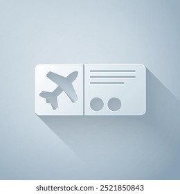 Paper cut Airline ticket icon isolated on grey background. Plane ticket. Paper art style. Vector Illustration