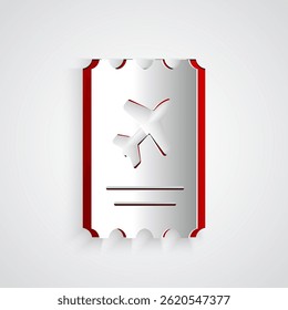 Paper cut Airline ticket icon isolated on grey background. Plane ticket. Paper art style. Vector Illustration
