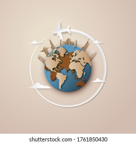 paper cut with airplane fly around the planet Earth, concept of travel and tourism.